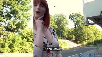 play Pulled redhead doggystyled outdoor after riding cock